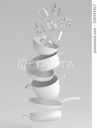Kitchen appliances and utensils for making breakfast on monochrome background 108443927