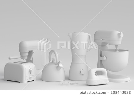 Kitchen appliances and utensils for making breakfast on monochrome background 108443928