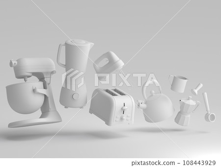 Kitchen appliances and utensils for making breakfast on monochrome background 108443929