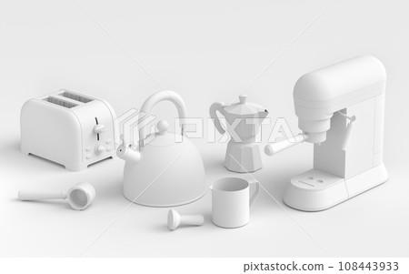 Kitchen appliances and utensils for making breakfast on monochrome background 108443933