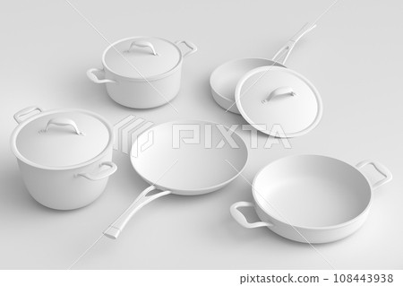 Set of flying stewpot, frying pan and chrome plated cookware on monochrome 108443938