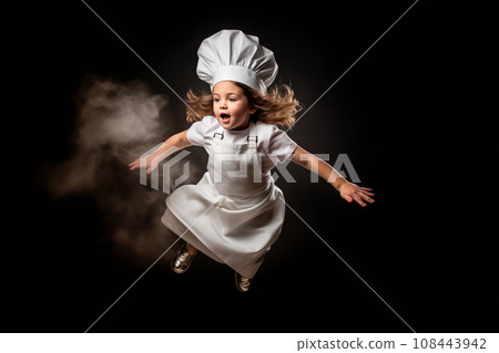 Child in chef's and hat jumping over black background and smoke is floating on her clothing, in style of dreamy realism 108443942