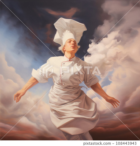 Chef flying in front of clouds holding plates of meal. Chef flying through the air by a sky, in style of dreamy realism 108443943