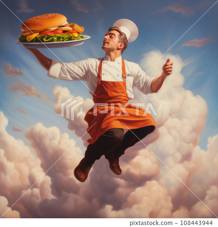 Chef flying in front of clouds holding burger. Chef flying through the air by a sky, in style of dreamy realism 108443944