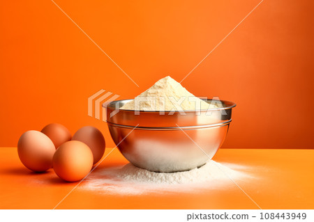 Ingredients for making dough or donuts like eggs, flour and metal bowl. Preparation for cooking bakery products 108443949