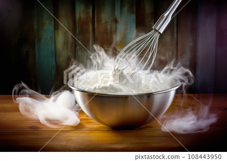 Metal bowl with whisk for preparation of whipped cream, homemade sour cream or hand cream. Pure creamy background 108443950