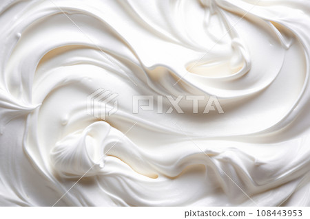 White texture of whipped cream, homemade sour cream or hand cream. Detailed pure creamy background White texture of whipped cream, homemade sour cream or hand cream. Detailed pure creamy background 108443953