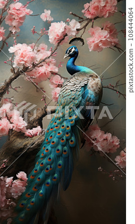 Peacock on sakura background Peacock on sakura background 108444064