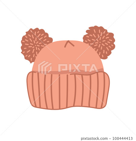 Cute pink cartoon style winter hat with two pompons. Doodle knitted cap. Cute pink cartoon style winter hat with two pompons. Doodle knitted cap. 108444413