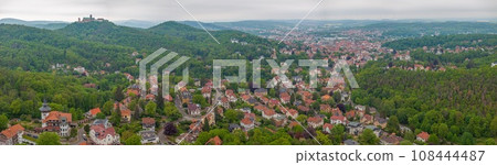Drone panorama of thuringian city Eisenach with Wartburg castle during daytime 108444487