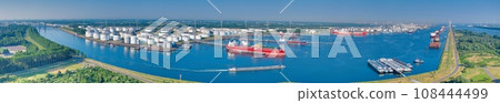 Panoramic drone picture from port Rotterdam with big transport ships Panoramic drone picture from port Rotterdam with big transport ships 108444499