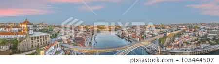 Drone panorama over the city of Porto and the Douro River at sunrise 108444507