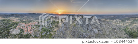Drone panorama of historic city and fortification Monsanto in Portugal in the morning during sunrise 108444524