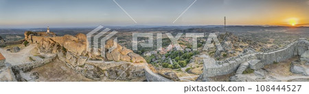 Drone panorama of historic city and fortification Monsanto in Portugal in the morning during sunrise 108444527
