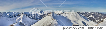 Panoramic view over Kanzelwand cable car mountain station in Austria in winter time Panoramic view over Kanzelwand cable car mountain station in Austria in winter time 108444584