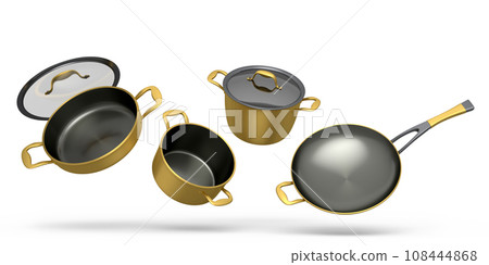 Set of flying stewpot, frying pan and chrome plated cookware on white background Set of flying stewpot, frying pan and chrome plated cookware on white background 108444868