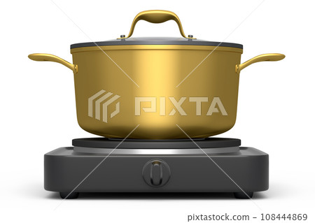 Stainless steel stewpot on portable camping electric stove on white background Stainless steel stewpot on portable camping electric stove on white background 108444869