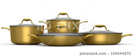 Set of stewpot, frying pan and chrome plated cookware on white background Set of stewpot, frying pan and chrome plated cookware on white background 108444870