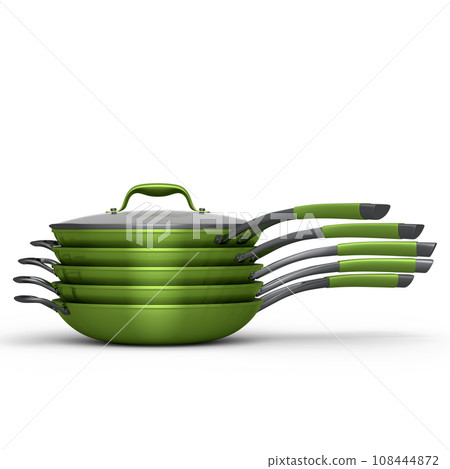 Stack of frying pan with glass lid on white, non-stick kitchen utensils 108444872