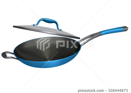 Frying pan with glass lid on white background, non-stick kitchen utensils Frying pan with glass lid on white background, non-stick kitchen utensils 108444873