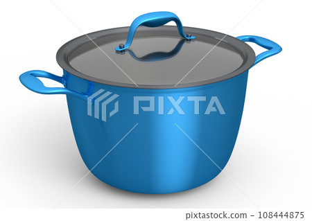 Stainless steel stewpot and chrome plated aluminum cookware on white background 108444875