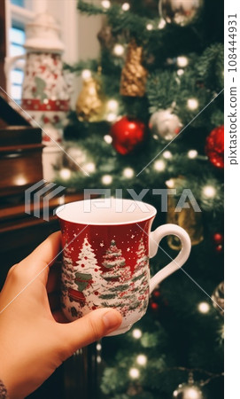 Woman hands in warm sweater holding stylish mug at illumination bokeh Woman hands in warm sweater holding stylish mug at illumination bokeh 108444931