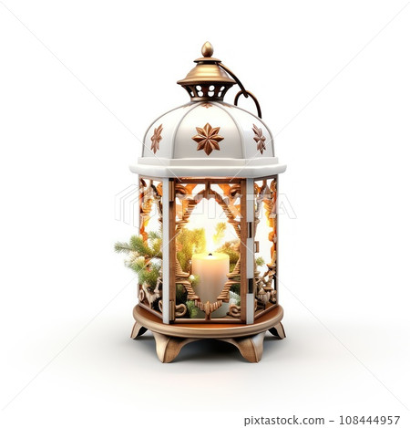 An old white metal lamp. Wire handle. Isolated on a white background. Christmas, New Year 108444957