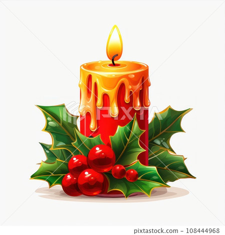 Christmas candle with brunch and donuts. Isolated on white background with shadow reflection. Xmas candle with twig and donuts. Christmas motive with spruce twig, donuts and burning candle. 108444968