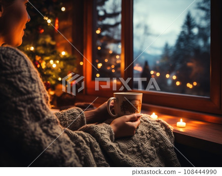 People relax sitting on the sofa and drink hot drinks near the fireplace in their home. 108444990