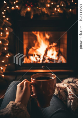 People relax sitting on the sofa and drink hot drinks near the fireplace in their home. 108444994