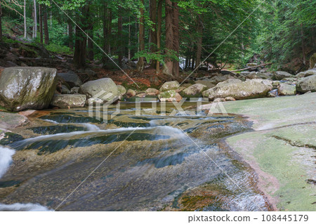 Mountain river Mumlava, Krkonose national park, Czech Republic,  summer afternoon. River flow above the waterfall 108445179