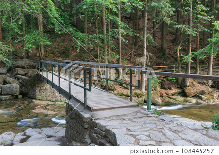 Mountain river Mumlava, Krkonose national park, Czech Republic, summer afternoon, footbridge above river, Mumlava waterfall. Mountain river Mumlava, Krkonose national park, Czech Republic, summer afternoon, footbridge above river, Mumlava waterfall. 108445257