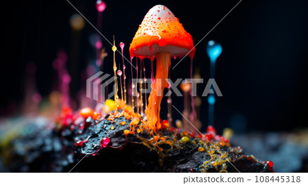 Different types of glowing mystical mushrooms, fantasy mushroom forest with bokeh Different types of glowing mystical mushrooms, fantasy mushroom forest with bokeh 108445318