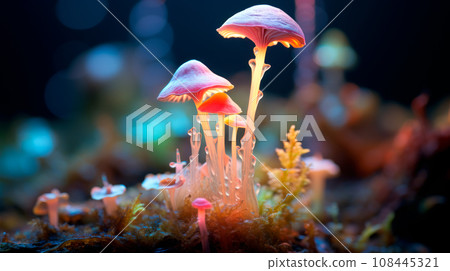 Different types of glowing mystical mushrooms, fantasy mushroom forest with bokeh Different types of glowing mystical mushrooms, fantasy mushroom forest with bokeh 108445321