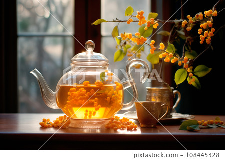 A glass teapot with sea-buckthorn berries, oolong tea in glass kettle on wooden table. Chinese traditional tea ceremony 108445328