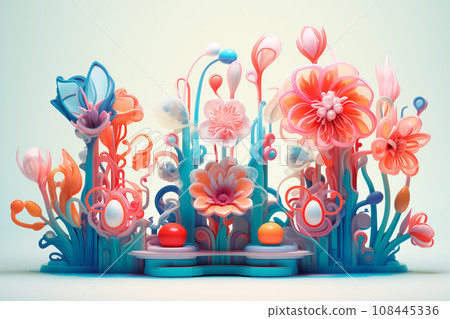 Abstract flowers on podium in the style of naturalistic color palette and rococo still lifes, flower and nature motifs, Abstract flowers on podium in the style of naturalistic color palette and rococo still lifes, flower and nature motifs, 108445336