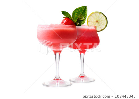 Set of Strawberry margarita cocktails in salt-rimmed glass isolated on white background Set of Strawberry margarita cocktails in salt-rimmed glass isolated on white background 108445343