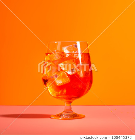 A vibrant Aperol Spritz cocktail garnished with orange slice and ice cubes 108445373