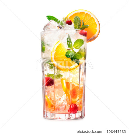 Crafted cocktail with berries, a slice of orange, ice cubes and a sprig of mint Crafted cocktail with berries, a slice of orange, ice cubes and a sprig of mint 108445383