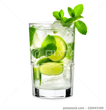 Mojito cocktail, garnished with fresh mint and a slice of lime in a tall glass 108445389