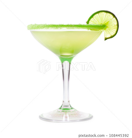 Margarita cocktail in salt-rimmed glass with lime isolated on white background Margarita cocktail in salt-rimmed glass with lime isolated on white background 108445392
