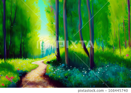 Illustration of a path in a fresh green forest - Stock Illustration ...