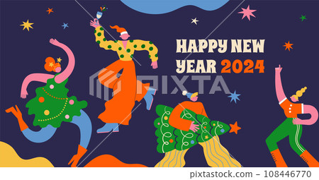 Fun Merry Christmas and Happy New Year banner, Christmas background and card with groovy, hippie Fun Merry Christmas and Happy New Year banner, Christmas background and card with groovy, hippie 108446770