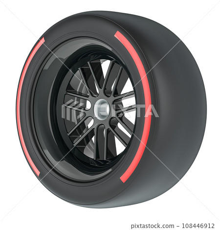 Racing Wheel with Red Soft, Compound type tyre, 3D rendering Racing Wheel with Red Soft, Compound type tyre, 3D rendering 108446912