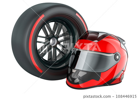 Racing Helmet with racing wheel red soft, compound type tyre. 3D rendering 108446915