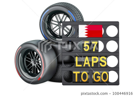 Bahraini racing, pit board with flag of Bahrain and racing wheels with different compounds type tyres. 3D rendering 108446916