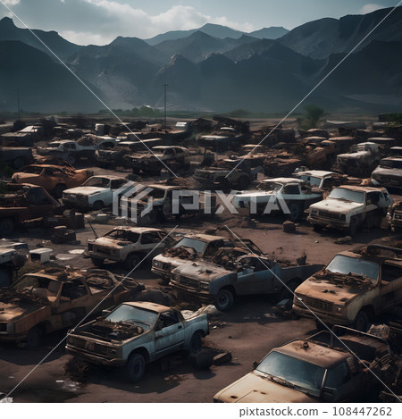 A large group of old rusty cars in a field with mountains in the background. 108447262