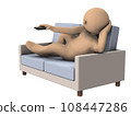A lazy man lying on the sofa and zapping with a remote control. White background. 3D rendering. A lazy man lying on the sofa and zapping with a remote control. White background. 3D rendering. 108447286