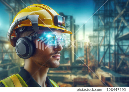 Worker in safety helmet with futuristic AR visor and headphones in a construction site Worker in safety helmet with futuristic AR visor and headphones in a construction site 108447393