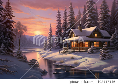 Winter landscape with a cozy wooden cabin among... - Stock Illustration ...